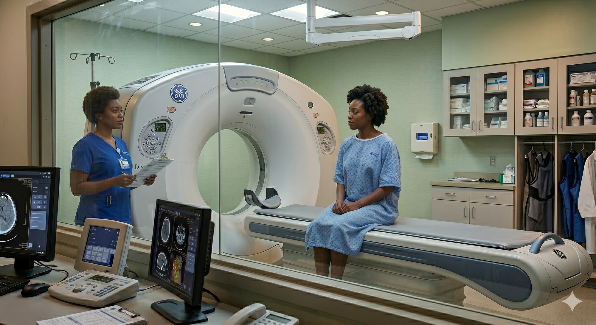 Patient sitting beside a CT scanner while a radiographer explains the scan
