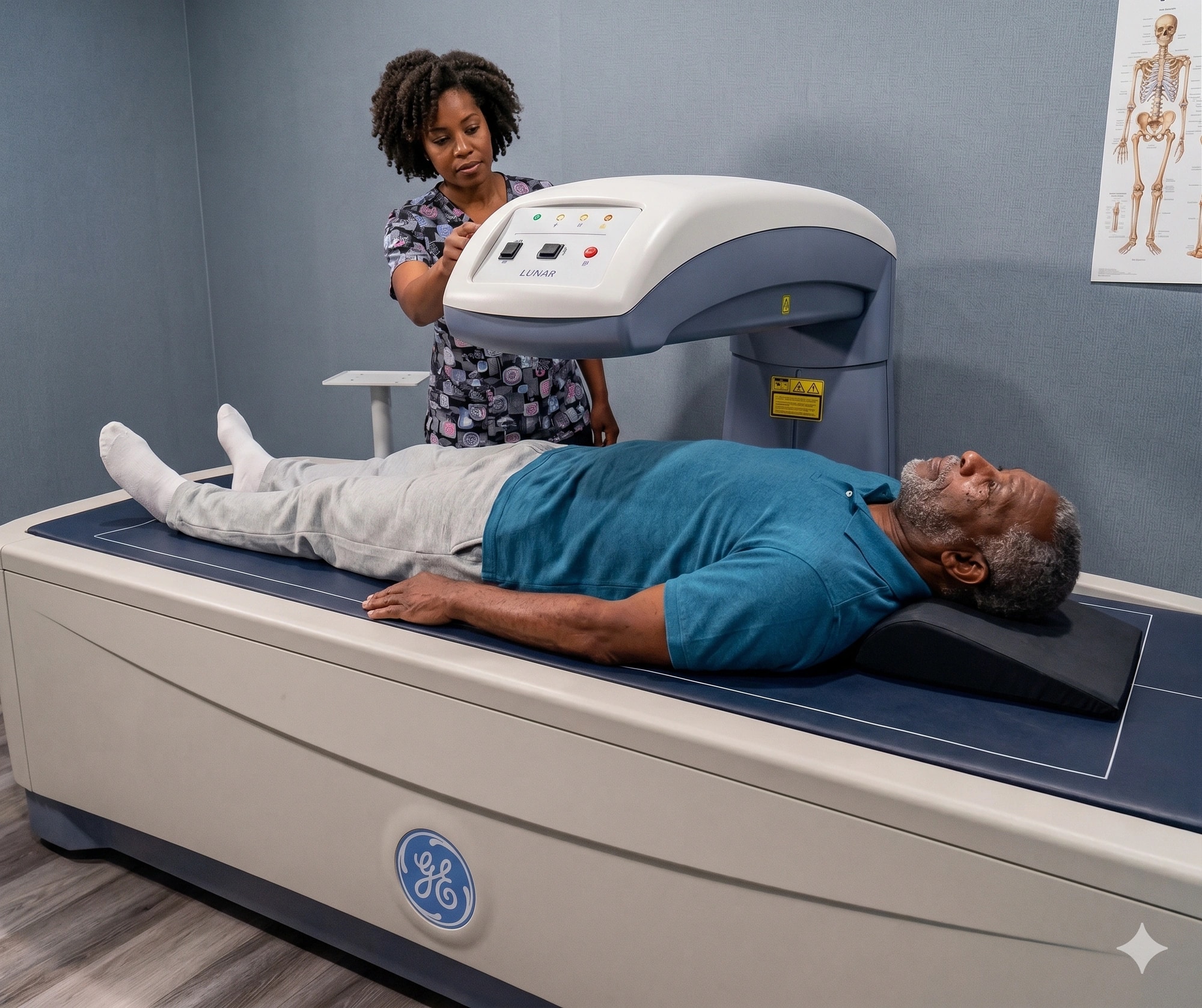 Radiographer operating a DEXA scanner while a patient lies on the scan table