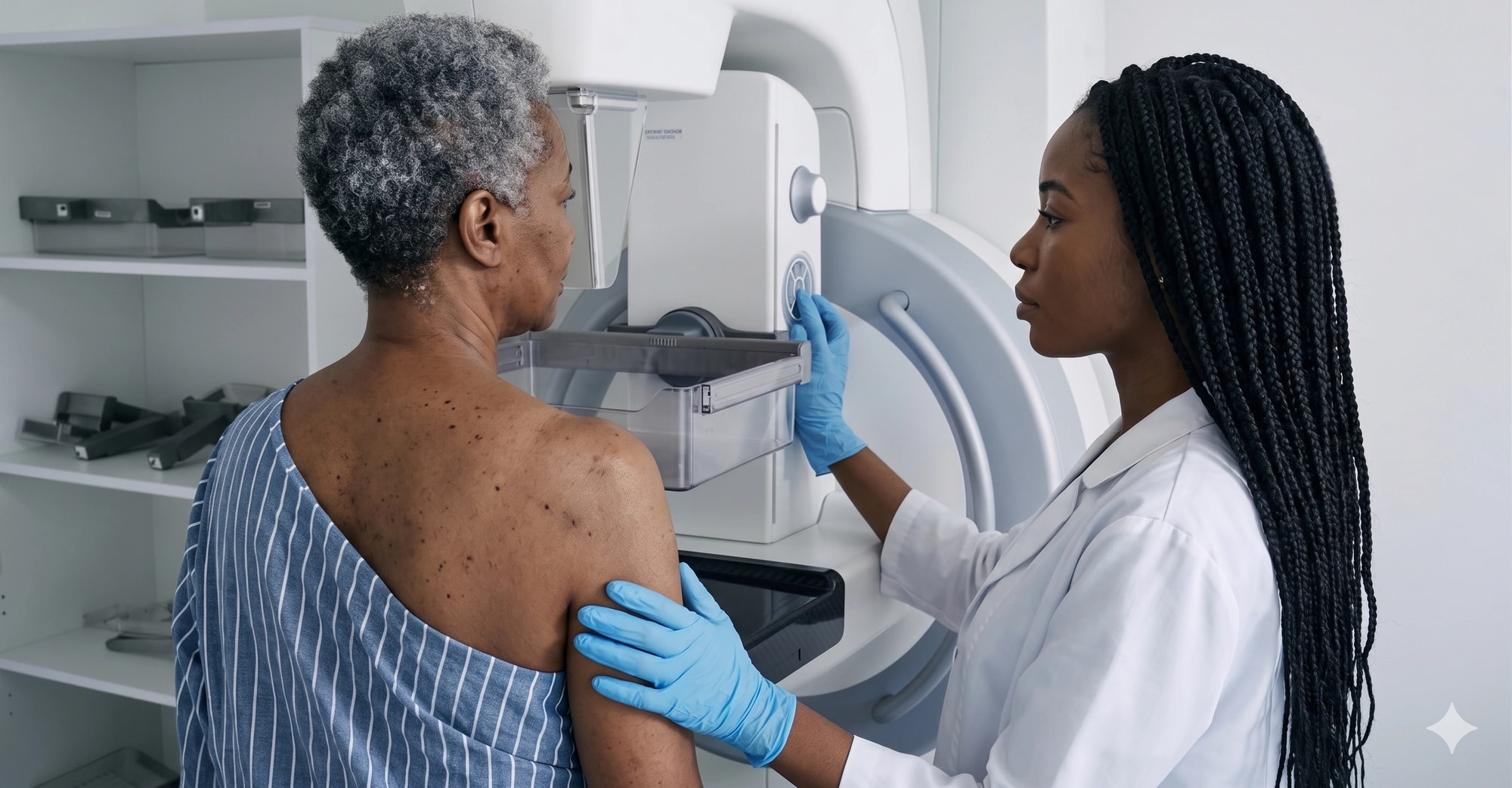 Radiographer positioning a patient for a mammography scan