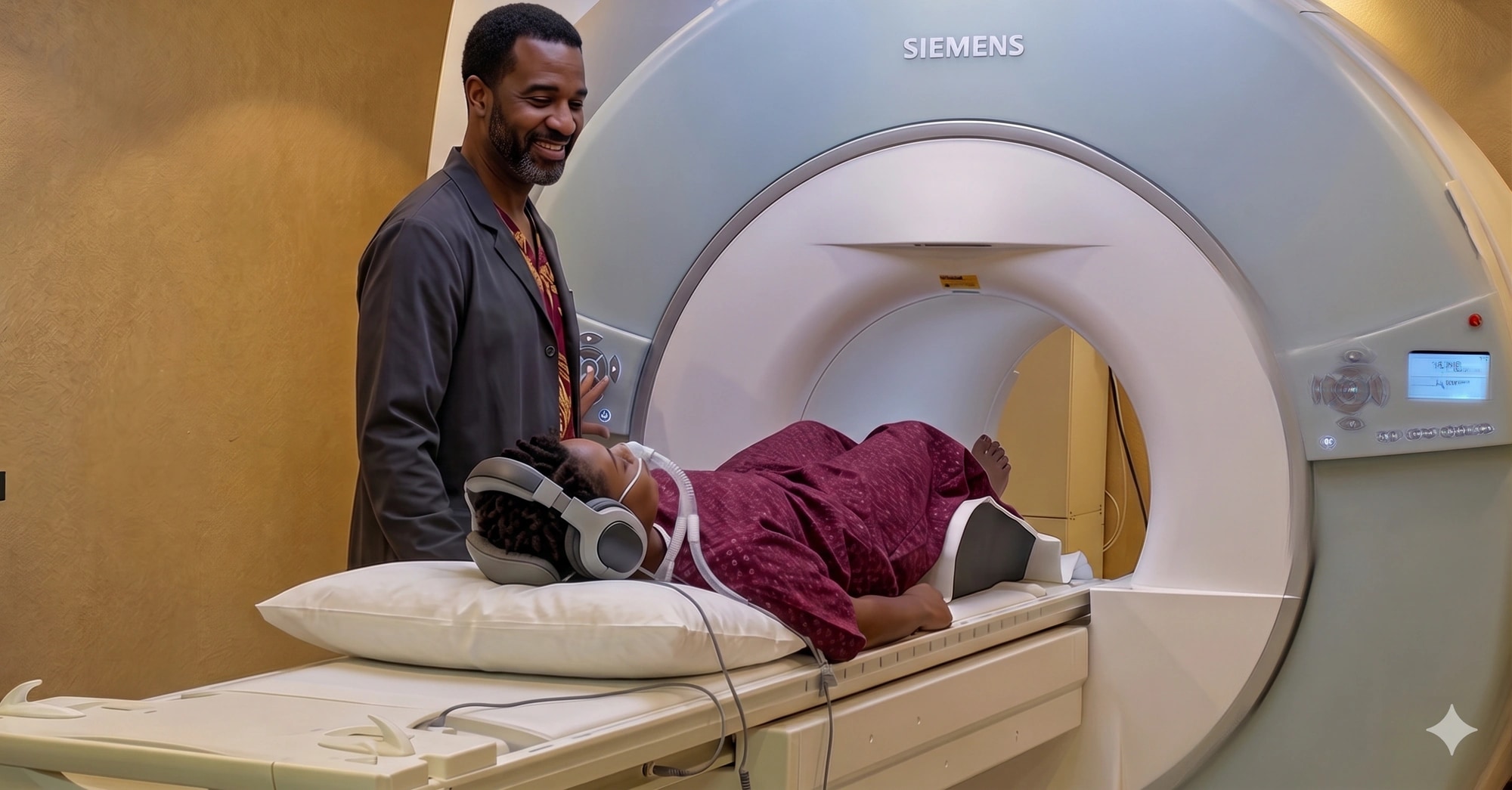 Radiographer preparing a patient on an MRI scanner table