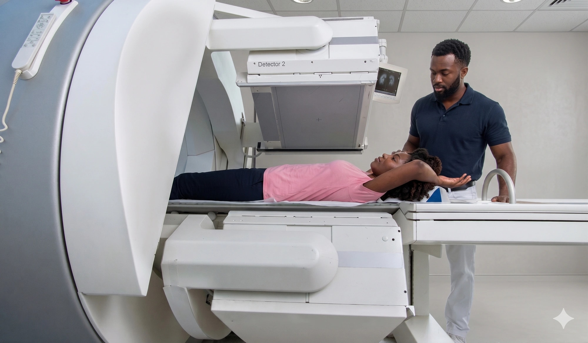 A Black female patient lies on a SPECT-CT/gamma camera scanner table while a Black male radiographer stands nearby