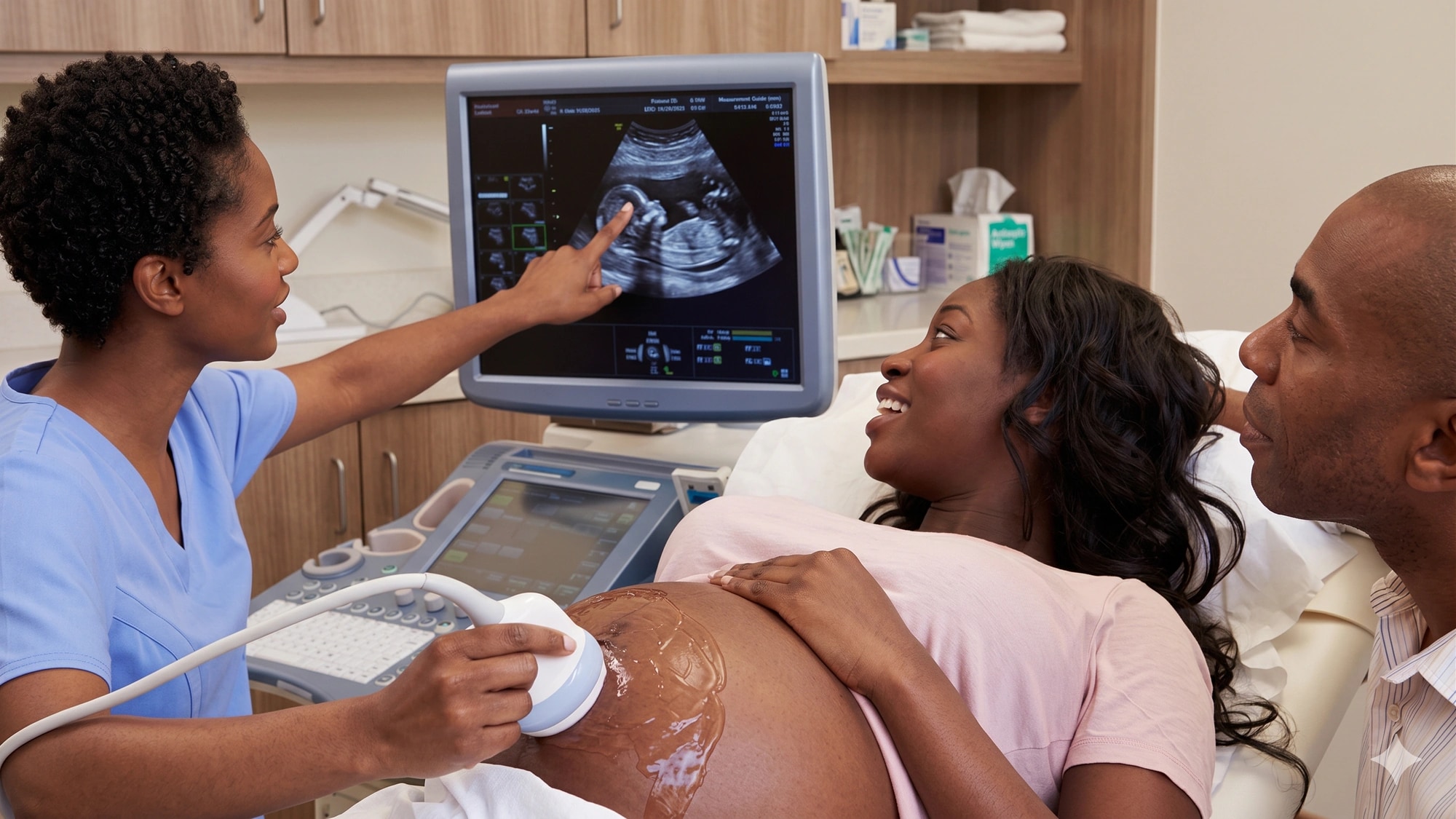 Clinician showing an expectant patient and partner the ultrasound image on screen