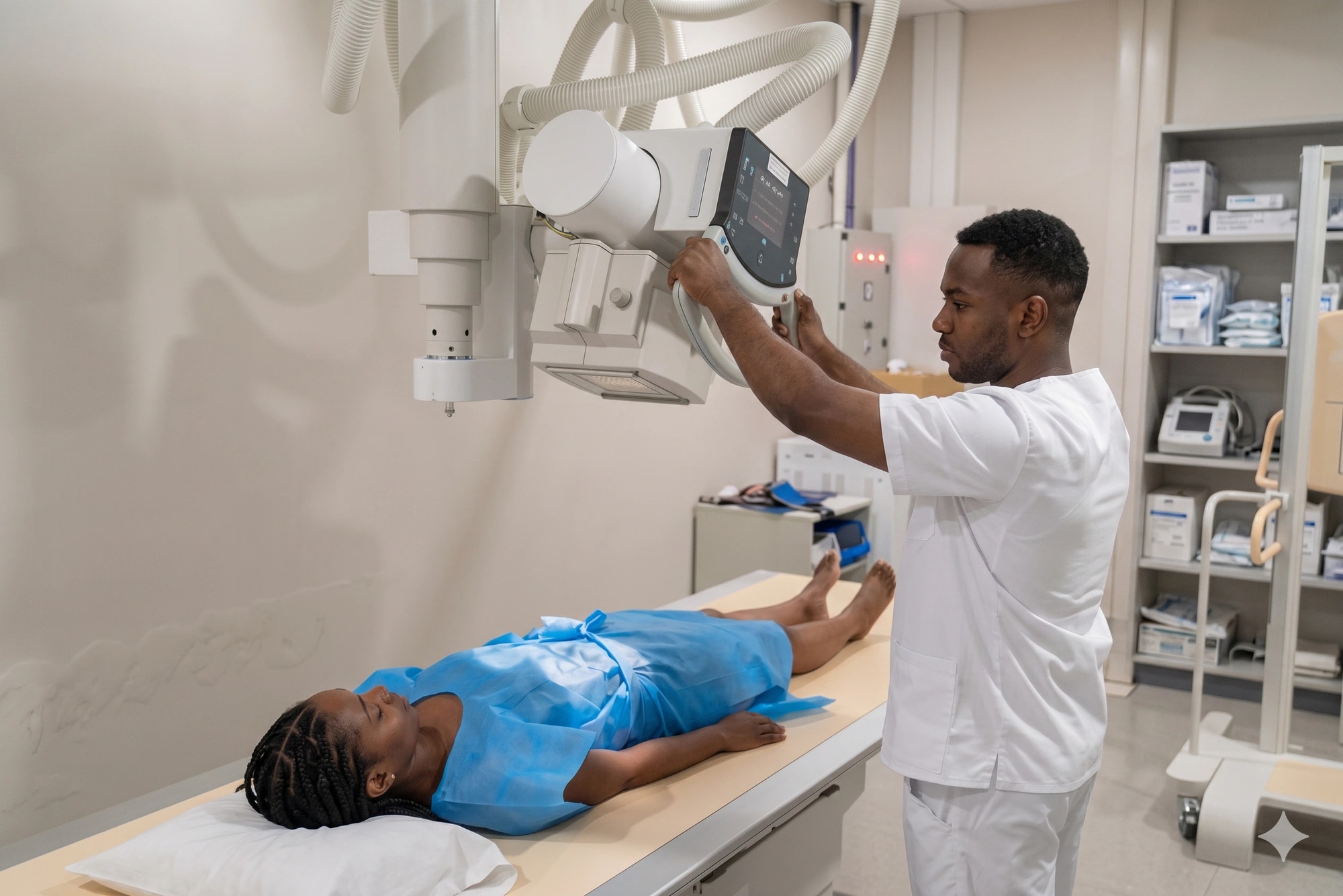 Radiographer positioning an X-ray machine beside a patient lying on an exam table