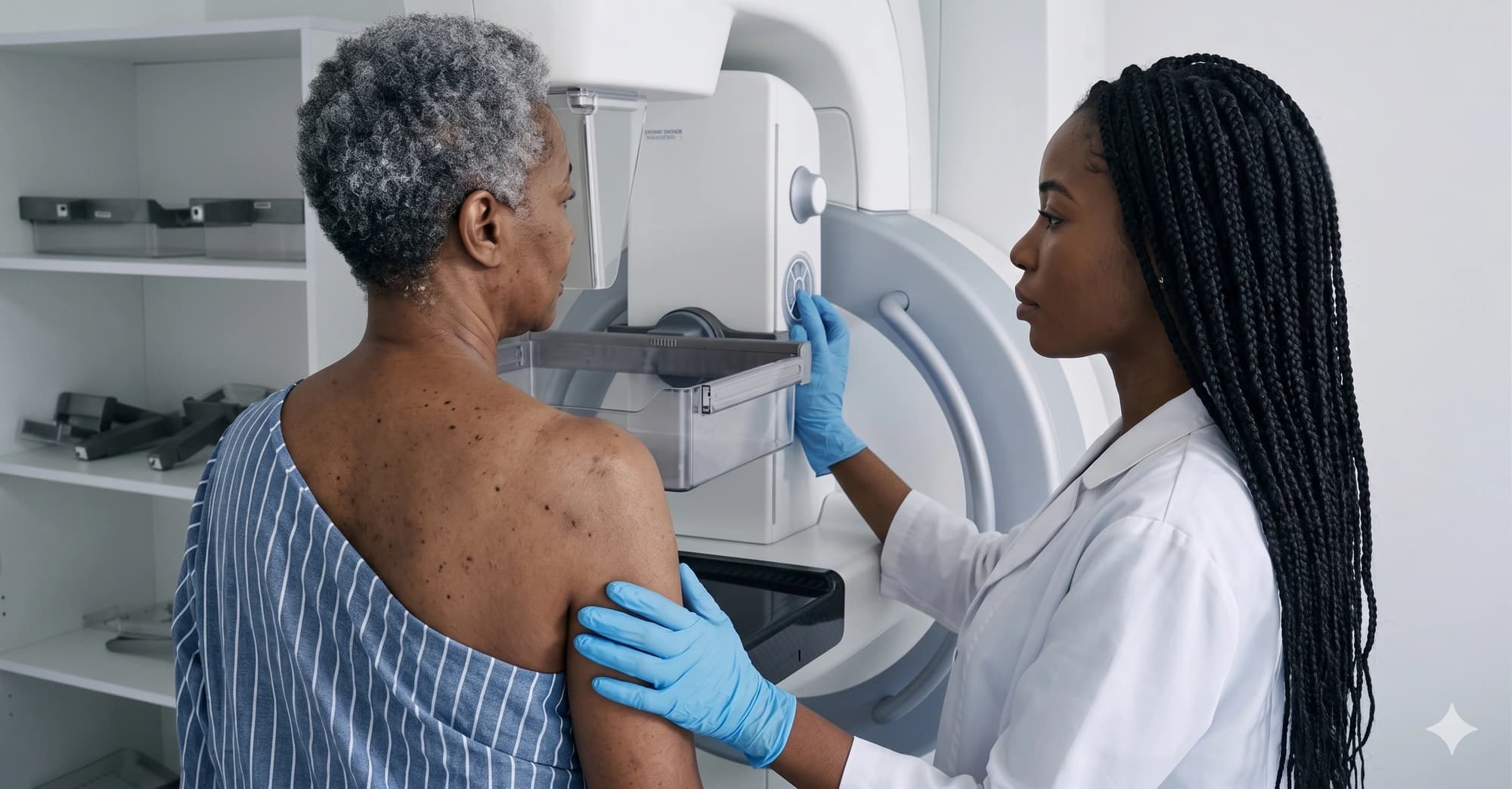 Radiographer positioning a patient for a mammography scan