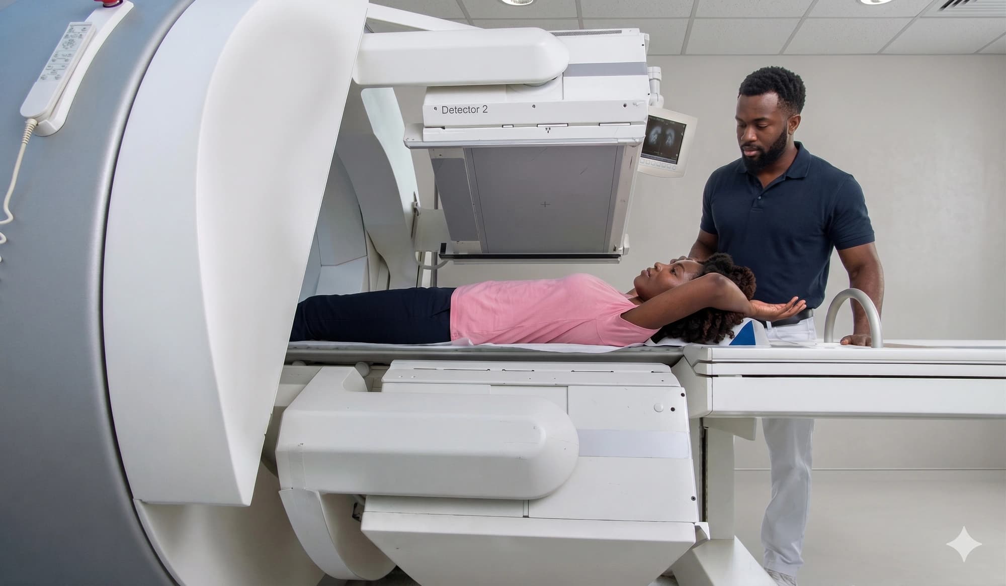 A Black female patient lies on a SPECT-CT/gamma camera scanner table while a Black male radiographer stands nearby
