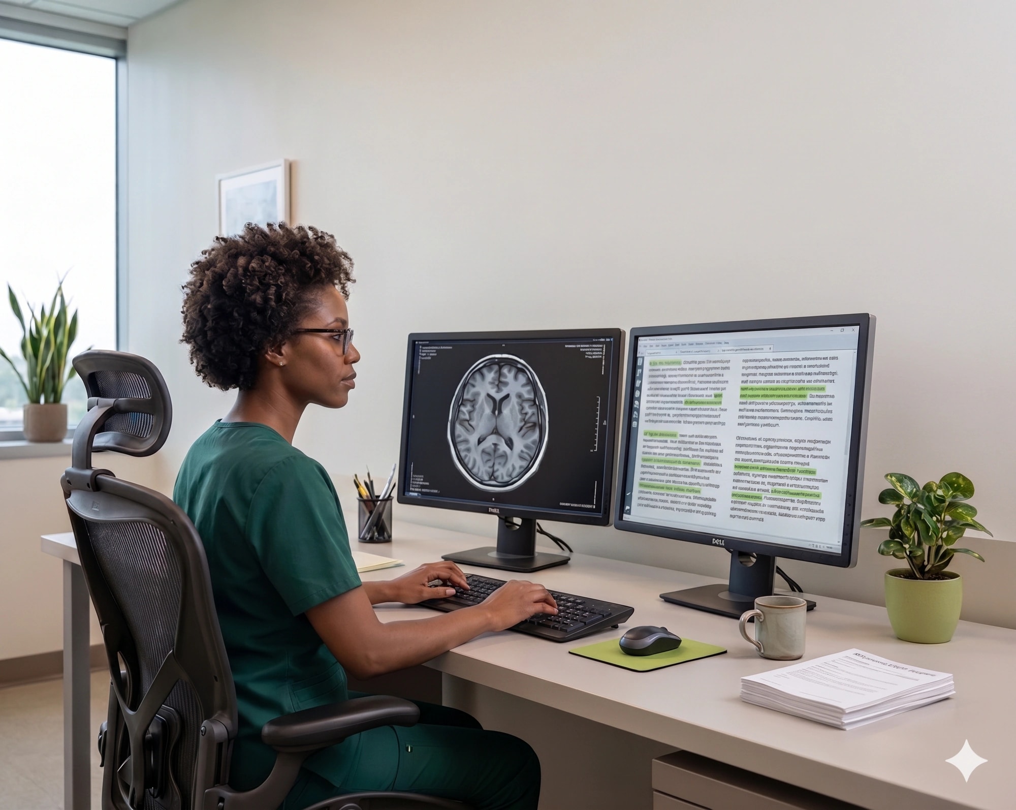 A radiologist reviews scan images and medical notes at a workstation