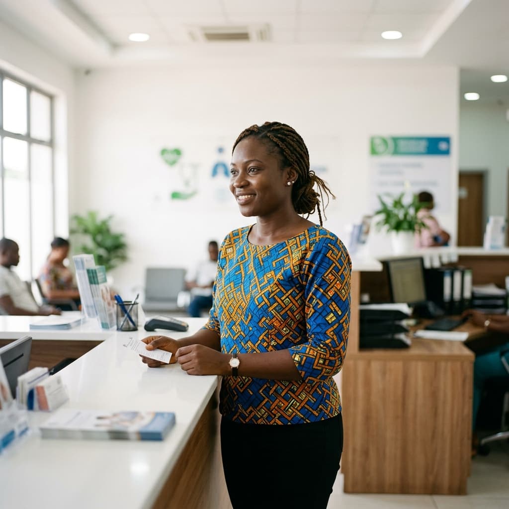 A patient checking in at a diagnostic center front desk