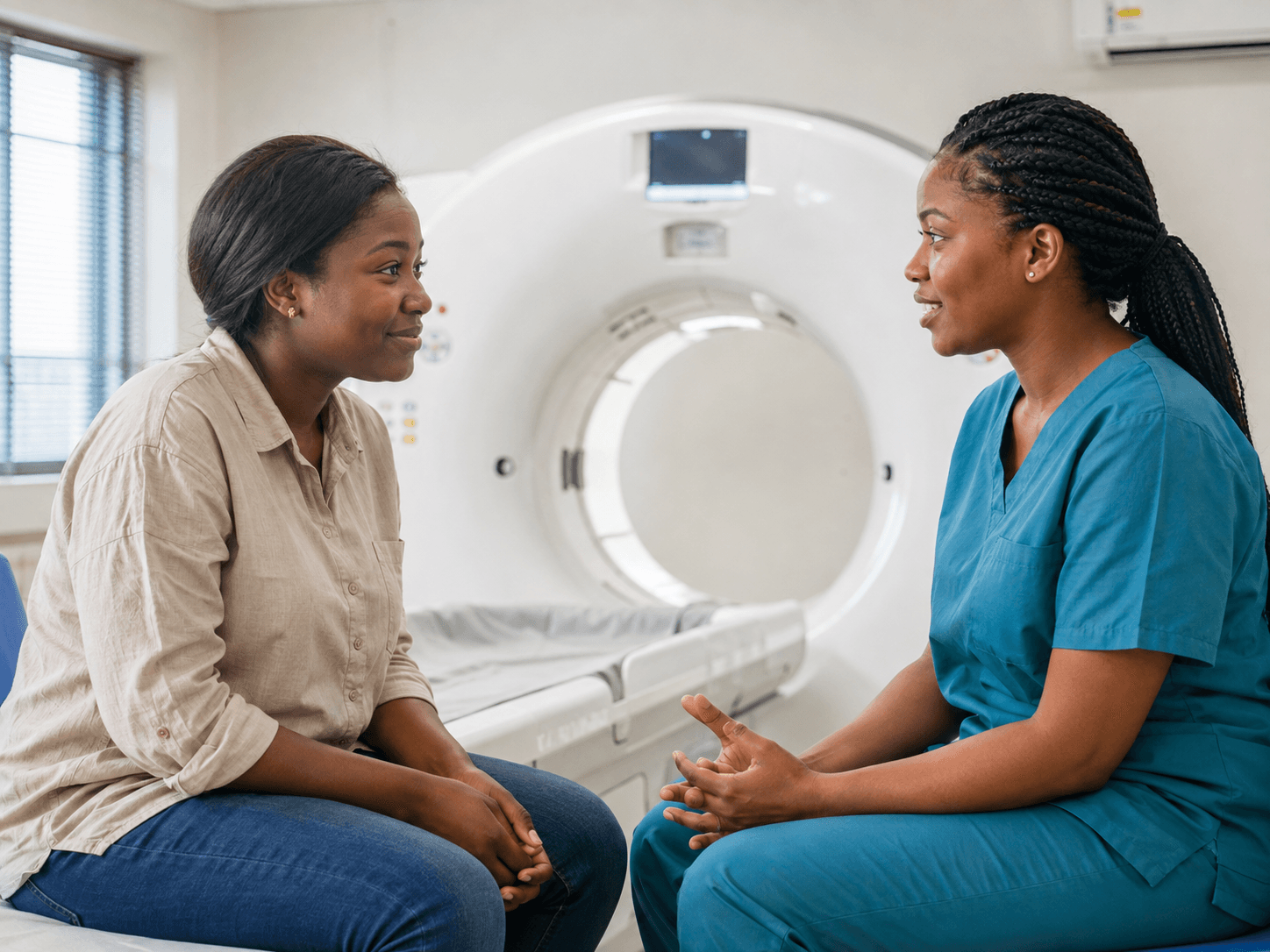 Illustrative scene of a patient speaking with a radiographer beside a CT scanner