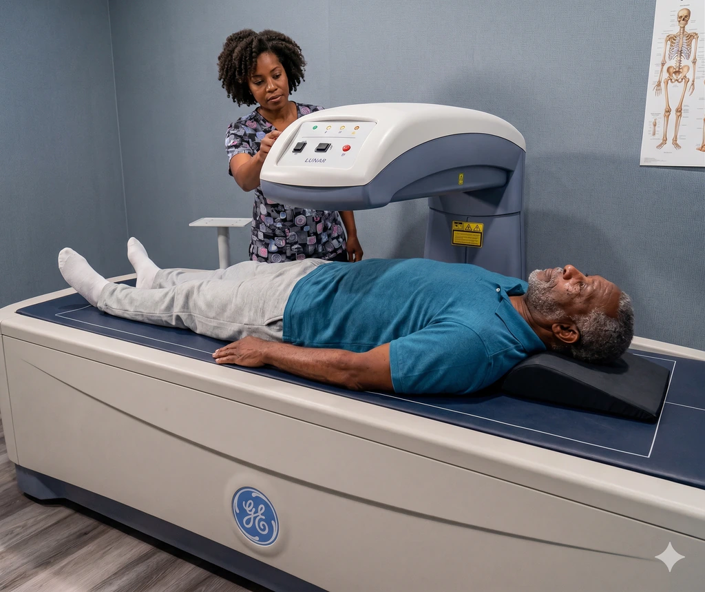 Radiographer operating a DEXA scanner while a patient lies on the scan table