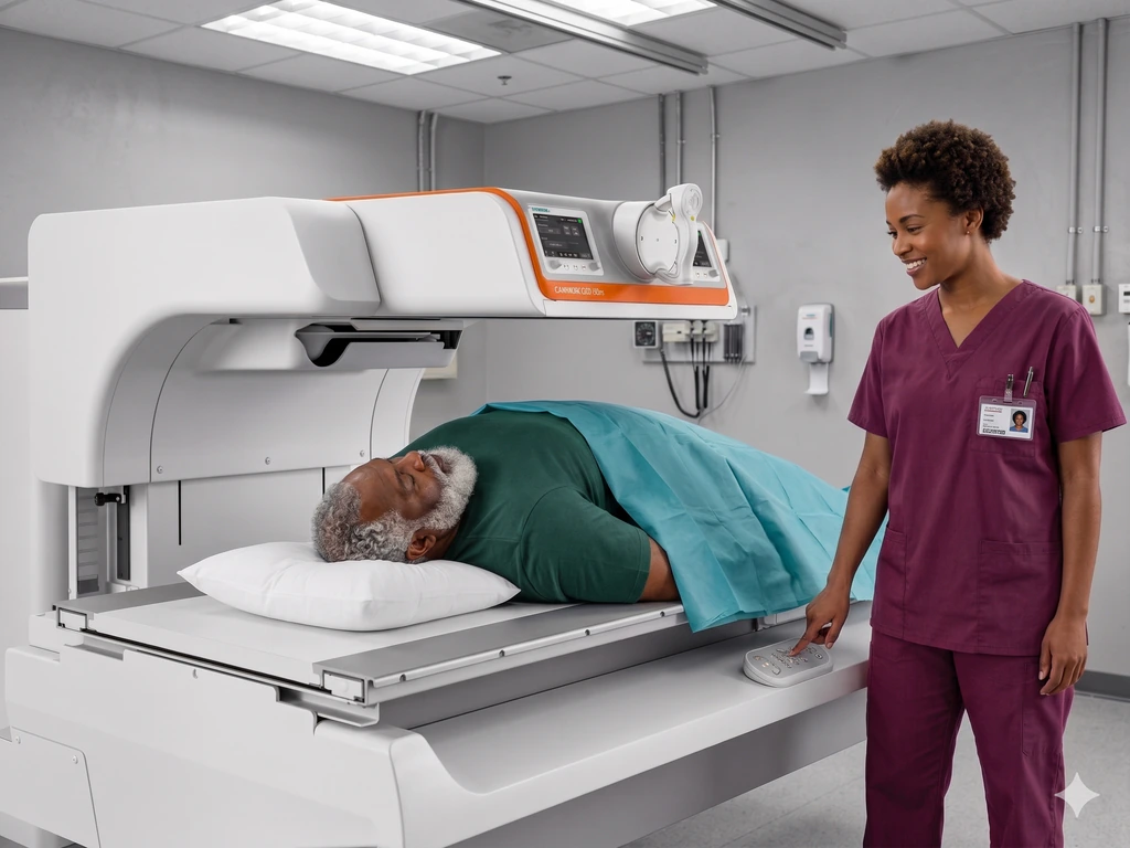 Smiling radiographer standing beside a patient lying on a fluoroscopy scanner table
