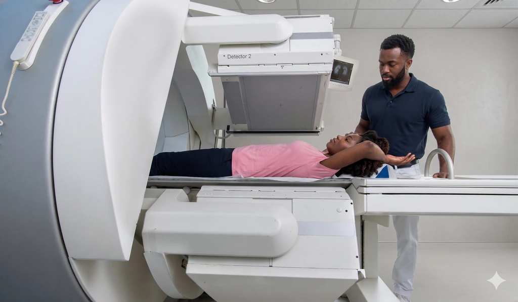 A Black female patient lies on a SPECT-CT/gamma camera scanner table while a Black male radiographer stands nearby