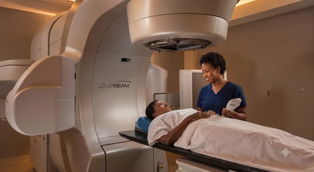 Patient smiling on the treatment table of a linear accelerator while a radiographer stands beside her