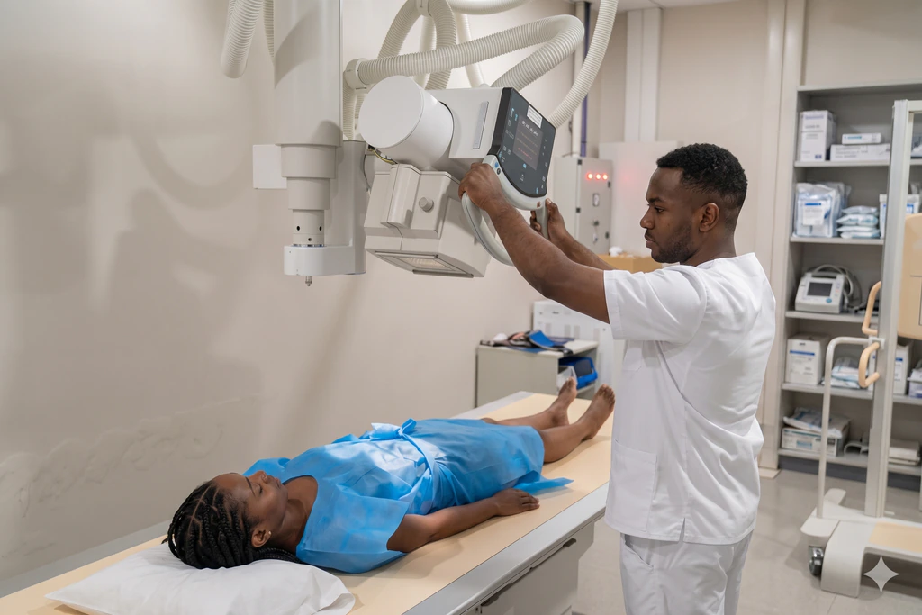 Radiographer positioning an X-ray machine beside a patient lying on an exam table